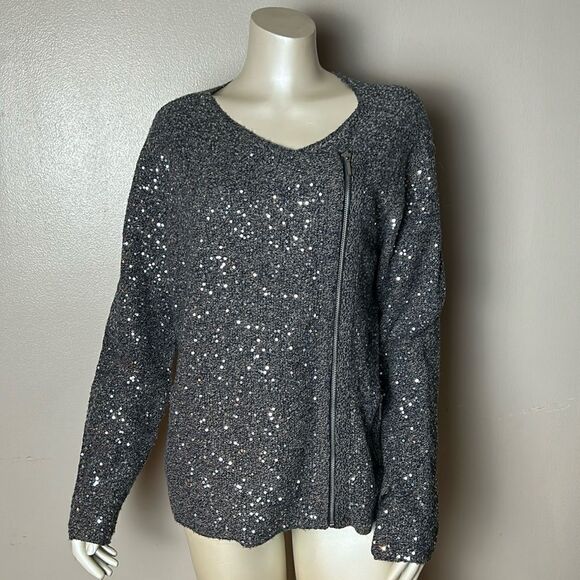Chico’s Sage Sequin Cardigan Sweater XL 3 jacket shirt top sparkly festive moto - Picture 1 of 10